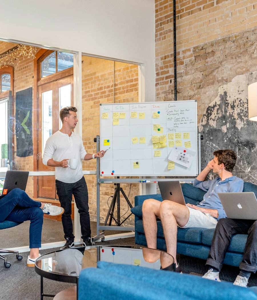 Team discussing ideas in a meeting room